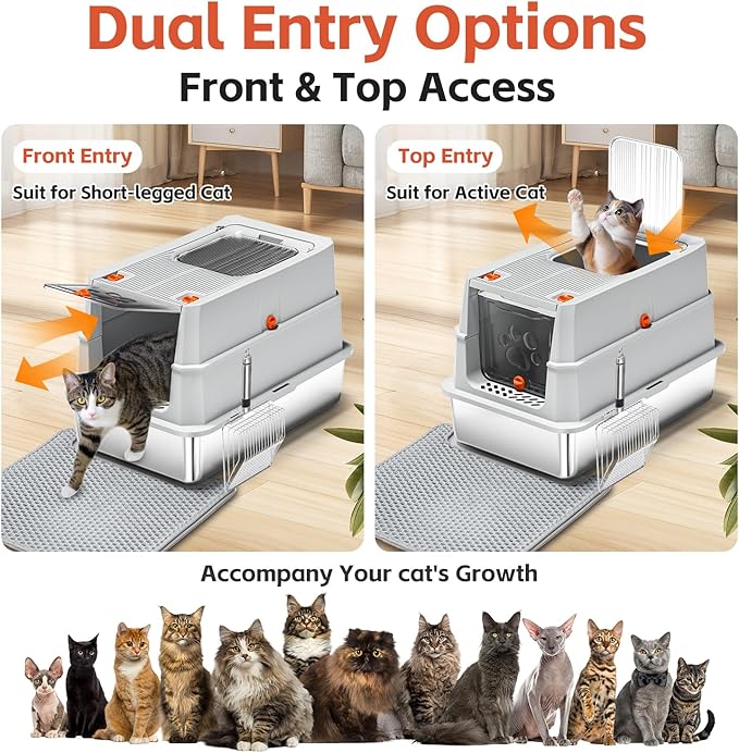 Stainless Steel Litter Box with lid,165° Flip-Top Large Enclosed Cat Litter Box with Metal Litter Scoop & Cat Litter Mat.Non-Sticky, Non-Odor, Easy Cleaning-Light Gray