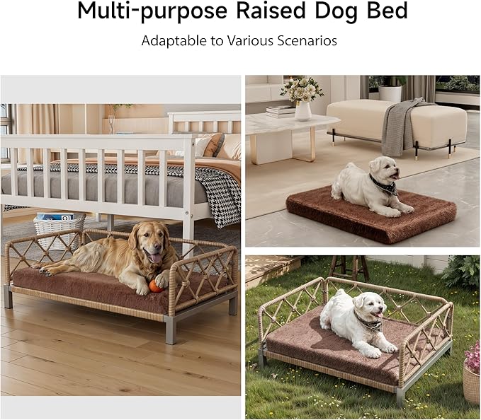 Dog Bed with Cushion, Cooling Elevated Raised Beds with Rattan Breathable Mesh and Universal Mat, Indoor & Outdoor Pet Cots for Large Dog, Brown