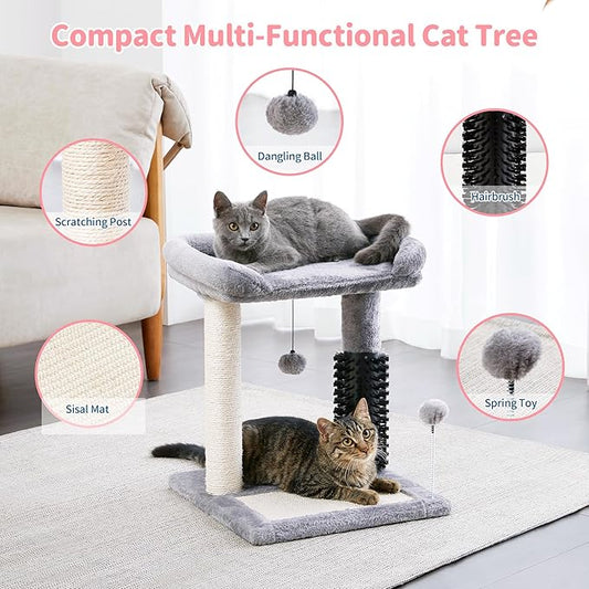 Made4Pets Small Cat Tree Tower, Cat Scratching Post 4-in-1 with Self Groomer Brush, 20" Tall Natural Sisal Cat Scratcher, Plush Perch Bed with Dangling Ball for Indoor Kittens, Grey