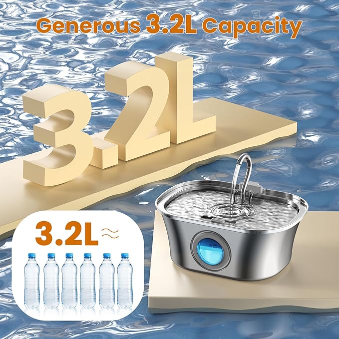 Cat Water Fountain Stainless Steel, 0.8gal/108oz Pet Water Fountain with Water Level Indicator and 3 Filters, Cat Fountain with Quiet Pump Ideal for Cats, Dogs and Multi-pet Household