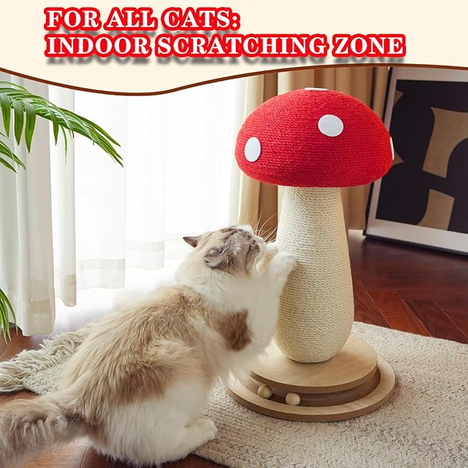 21‘’ H Cat Scratching Post,Cute Mushroom Cat Scratcher Post with Durable Solid Wood Turntable Toy,Mushroom Shape Design Cat Toy Cat Tree Scratcher for Indoor Cats