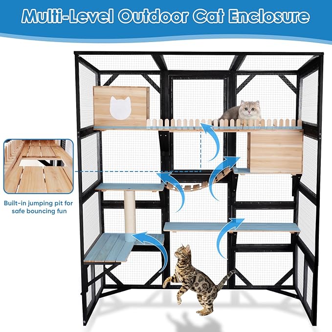 Large Catio Outdoor Cat Enclosure Window 73" H Walk-in Cat House Kitty Cage for Multiple Indoor Outdoor Cats Outside Patio with 5 Access Doors Waterproof Roof