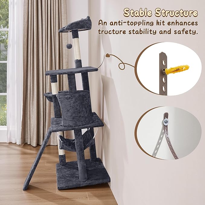 Yaheetech 63.5in Multi-Level Cat Tree Tower Condo with Scratching Posts, Platform & Hammock, Cat Activity Center Play Furniture for Kittens, Cats, and Pets