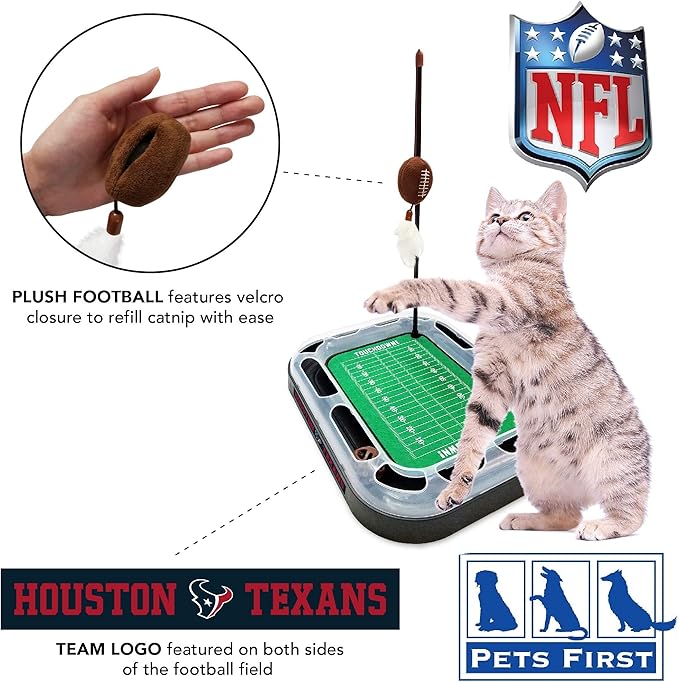 Pets First Catnip Toy HOUSTON TEXANS FOOTBALL FIELD CAT SCRATCHER TOY with CATNIP Filled Plush FOOTBALL Toy & Feather Cat Toy hanging, with Jingle Bell INTERACTIVE BALL Cat Chasing 5-in-1 KITTY Toy