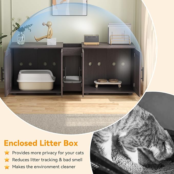 Double Litter Box Enclosure, Litter Box Enclosure with Double Room,Cat Hidden Litter Box Enclosure Furniture for 2 Cats with Double Room, 55”L x 17.7”W x 22.5”H Cat House, Wooden Cat Litter Box