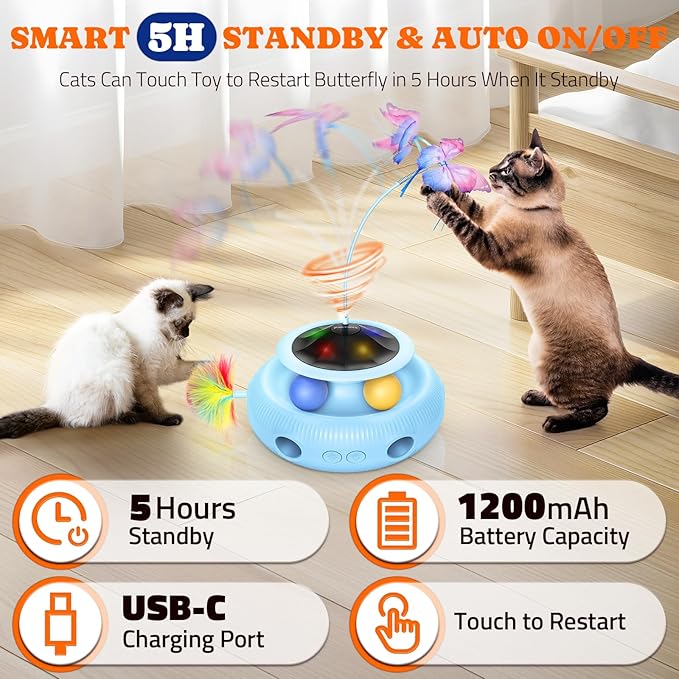 Interactive Cat Toy: 4 in 1 Automatic Cat Toy for Indoor Cats, Self Play Kitty Toy with Fluttering Butterfly, Track Ball and Feather Pack, Blue