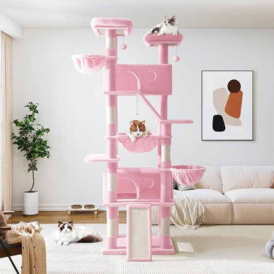 Allewie 81 Inches Tall Cat Tree/Multi-Level Large Climbing Tree House and Towers for Big Feline/Condo and Hammock/Scratching Post/Wide Base/Pink