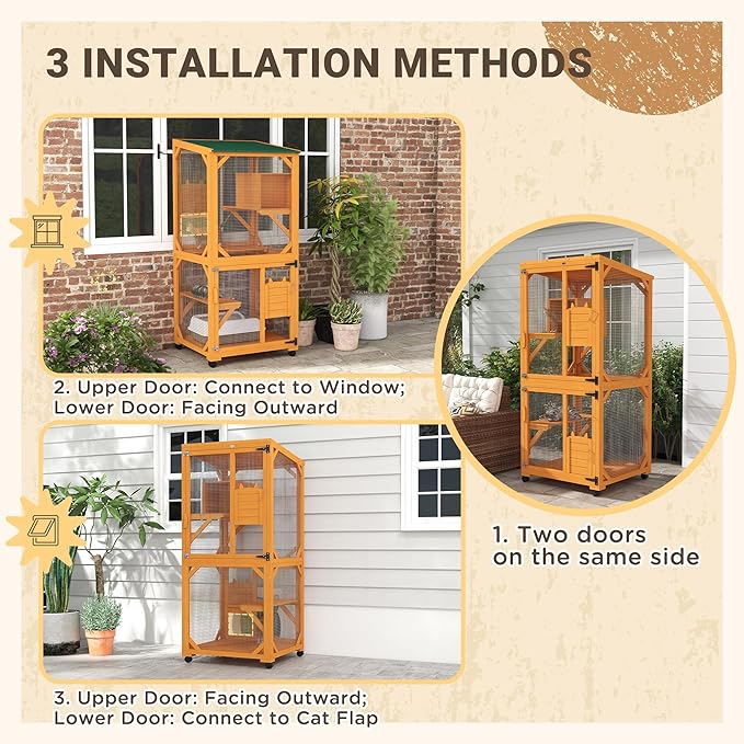 PawHut Wooden Catio with Waterproof Roof, Large Cat House with High-Up Resting Box, Indoor & Outdoor Cat Enclosure with Wheels, for 1-3 Cats, Orange