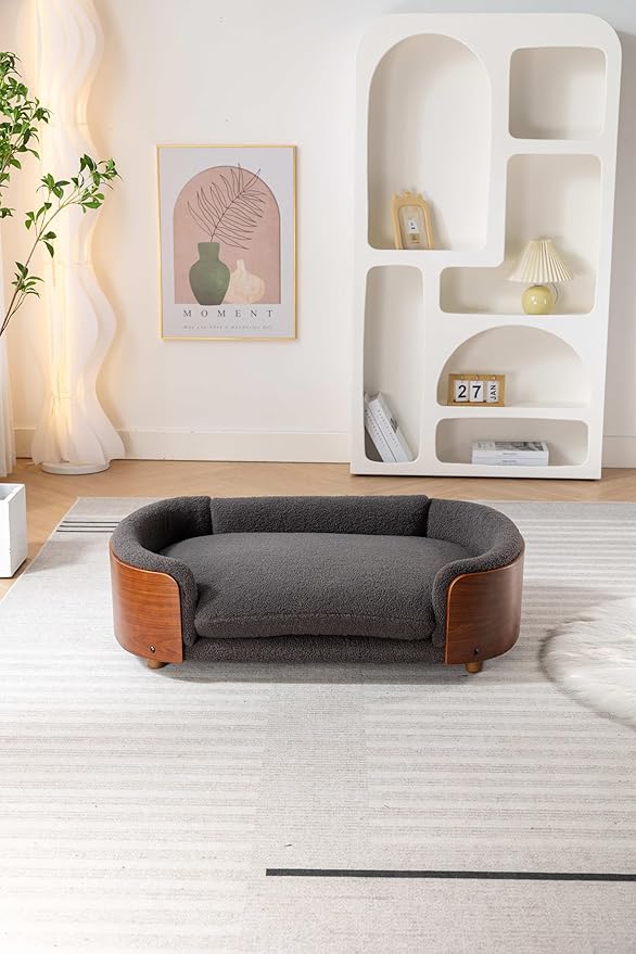 HomSof 38.58" Scandinavian Style Elevated Dog Cat Bed Pet Sofa with Solid Wood Legs and Bent Wood Back with Velvet Cushion,Large Size，Grey+Brown