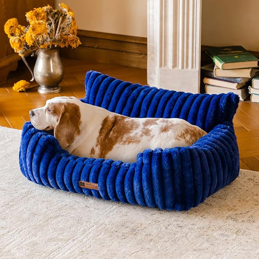 MEWOOFUN Dog Couch Bed, Fluffy Small Dog Bed with Removable Washable Cover, Supportive Cat Couch for Cats & Dogs up to 25 lbs (Navy Blue, 30x21x12)