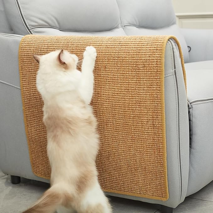 Cat Scratcher Mat with Sticky Tapes, 31.5" x 19.7" Sisal Cat Scratching Carpet for Indoor Cats, Horizontal Cat Scratcher for Cat House, Scratching Posts, and Couch Protection(Camel)
