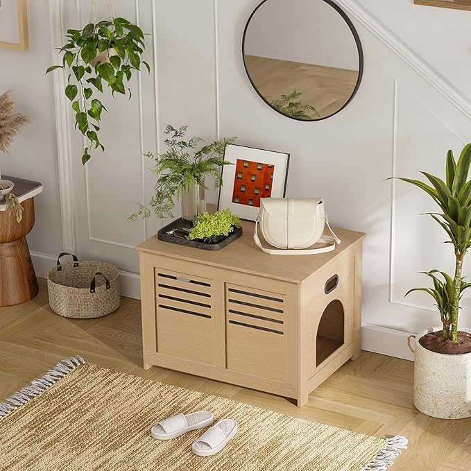 DINZI LVJ Litter Box Enclosure, Flip Top Litter Box Furniture, Hidden Cat Washroom, Wooden Cat House, End Table, 31.5" L x 19.7" W x 19.7" H, Good Ventilation, Easy to Assemble, Natural