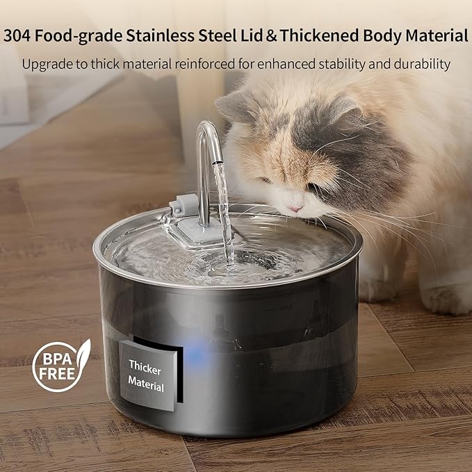 Cat Water Fountain Stainless Steel Lid, 3L/101oz Pet Water Fountain, Dog Waterer with Quiet Pump and 4-Layer Filtration