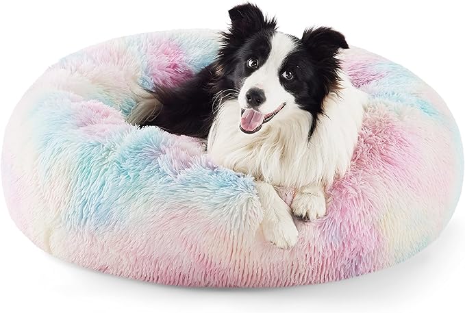 Bedsure Calming Dog Bed for Large Dogs - Donut Washable Large Pet Bed, Anti-Slip Round Fluffy Plush Faux Fur Dog Bed, Fits up to 80 lbs Pets, Multi-Colored, 36 inches