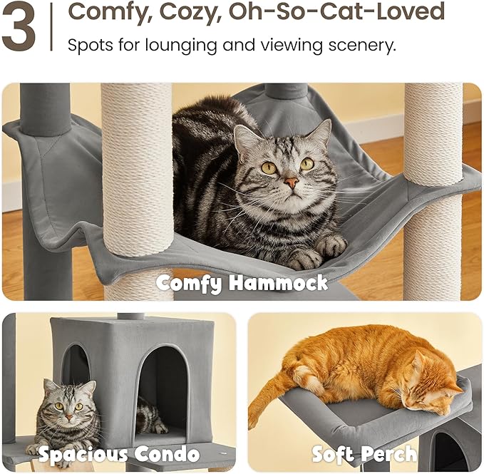 MWPO Large Modern Cat Tree, 70.1-Inch Wood Cat Tower for Indoor Cats, Multi-Level Tall Cat Condo with 2 Padded Perches, Hammock, Scratching Posts, Dangling Toys, Light Grey