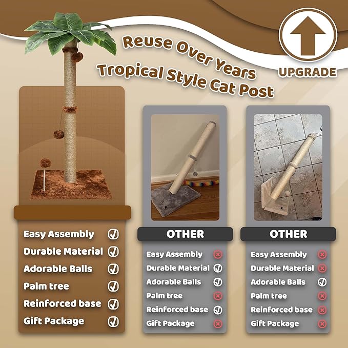 Cat Scratching Post, 34'' Tall Cat Scratchers for Indoor Cats with Hanging Balls, Tall Cute Sisal Kitten Scratch Post with Reinforced Stable Base, Brown, Medium