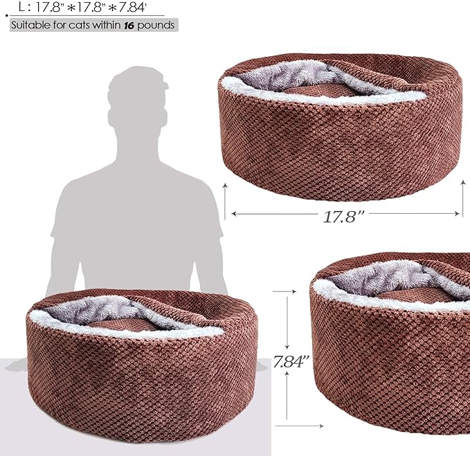 Winsterch Large Cat Cave Bed - Soft, Enclosed & Washable for Indoor/Outdoor Cats & Kittens, Anti-Slip Bottom, Calming, Covered (Coffee, 17.8 x 17.8 x 7.84 in)