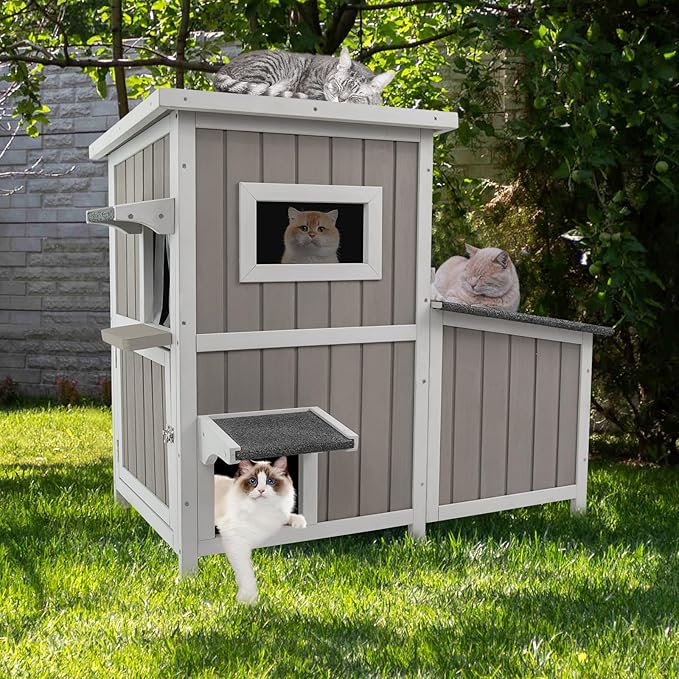 Cat House Outdoor Cat Shelter for 2-3 Feral Cats Two Story Wooden Cat Houses for Outside Cats Weatherproof in 3 Rooms,with Asphlat Roofs 3 Escape Doors Acrylic Window Easy Assemble