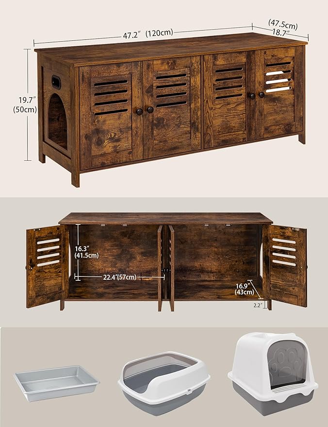 DINZI LVJ Litter Box Enclosure for 2 Cats, Hidden Litter Box Furniture with Double Rooms, Dual Cat Litter House, Front Doors, 47.2" Wooden Hidden Cat Washroom, Side End Table, TV Stand, Rustic Brown