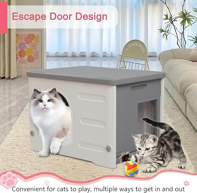 Plastic Cat House for Outdoor Indoor, Waterproof Outdoor Cat House with Escape Door for Feral Cats Outside Cat Shelter for Small Pet, Spacious, Assemble Easily -Grey