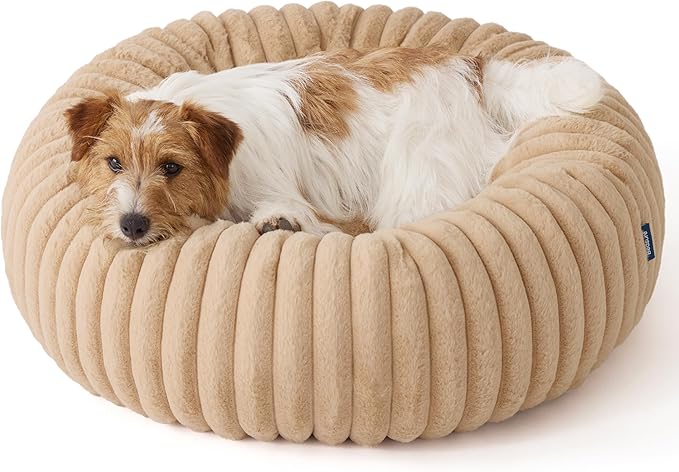 Bedsure Donut Small Dog Bed - Dog Beds for Small Dogs with Corduroy Fleece & Anti Slip Bottom, Round Faux Fur Pet Beds with Washable Removable Cover, Sandy Tan, 27x27x8 inches