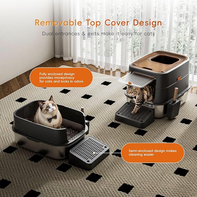 Stainless Steel Litter Box with Lid, Top Entry Cat Litters Box, Extra Large Metal Litterboxs with High Sides, 90° Flip-Top Double Doors & Raised Fence, Includes Pedal, Mat & Scoop Set