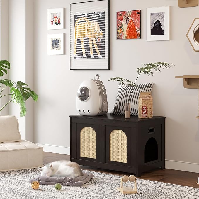 DINZI LVJ Cat Litter Box Enclosure, Flip Top Litter Box Furniture, Rattan-Like Hidden Cat Washroom, Wooden Pet House, End Side Table, 31.5"L x 19.7"W x 19.7"H, Easy to Assemble, Espresso with Rattan