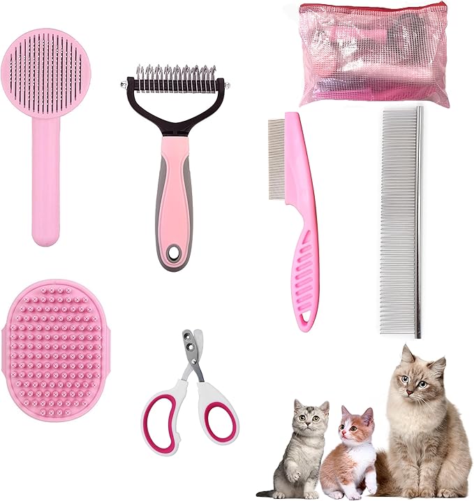 Cat Grooming Brush Kit 6 Tools - Deshedding & Dematting for Long/Short Hair, Self-Cleaning Slicker Brush with 6-in-1 Flea Comb for Cats & Kittens (Pink)