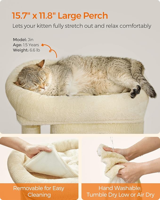 Feandrea Cat Tree, 26.4-Inch Cat Tower, S, Cat Condo for Kittens up to 7 lb, Large Cat Perch, 2 Cat Caves, Scratching Post, Beige UPCT611M01