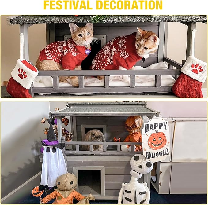 Aivituvin Cat House Indoor 2 Story Feral Cat Shelter for Winter Outdoor Large Size Cat Enclosure for Multiple Cats