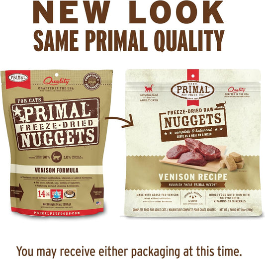 Primal Freeze Dried Raw Cat Food Nuggets Venison, Complete & Balanced Meal or Topper, Premium, Healthy, Grain Free, High Protein Raw Cat Food with Probiotics (5.5 oz)