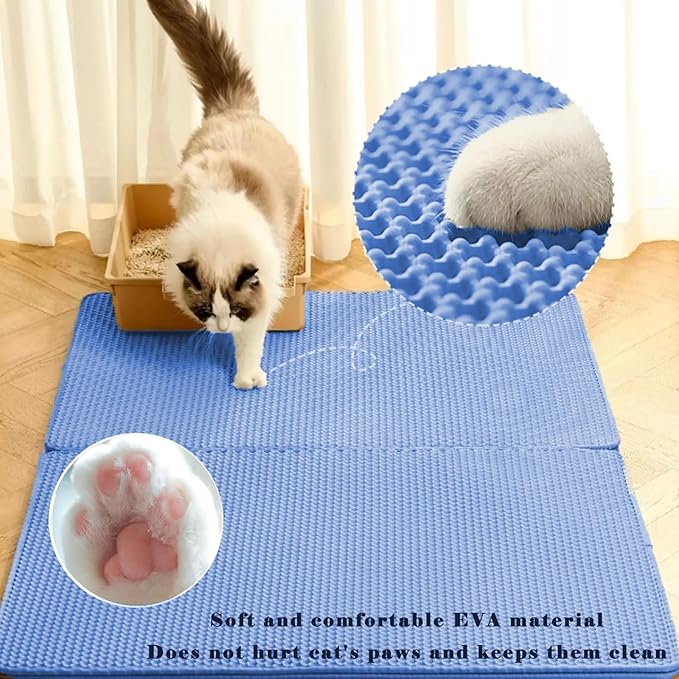 HCY&WLD Cat Litter Mat, Honeycomb Double Layer Cat Litter Trapping Mat, Waterproof Urine Proof Non-Slip, Scatter Control, Less Waste, Easier to Clean (Blue, 45" X 26")