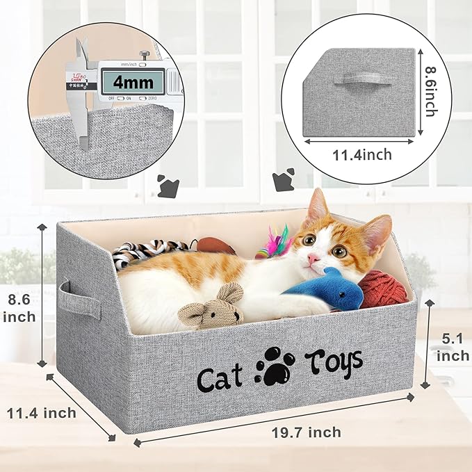 2X Thicker Large Cat Toy Bin Collapsible Cat Toy Box Sturdy Cat Toy Basket Kitten Toy Storage Bed for Organizing Cat Toys Treats Clothes and Accessories (Grey)