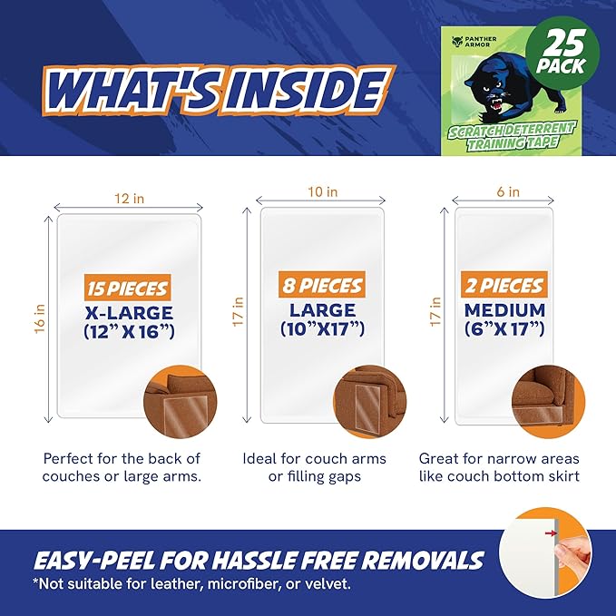 Panther Armor Cat Furniture Protector, Mega Pack 25-Sheets, Cat Scratch Furniture Protectors, No Pins, Durable, Transparent Training Tapes