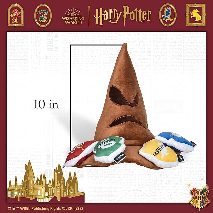 Harry Potter House Sorting Hat Burrow Pet Toy | Dog Toy Sorting Hat with House Plush Removable Parts | Sorting Hat Burrow Toy for Dogs | Crinkle Dog Toy, Dog Chew Toys
