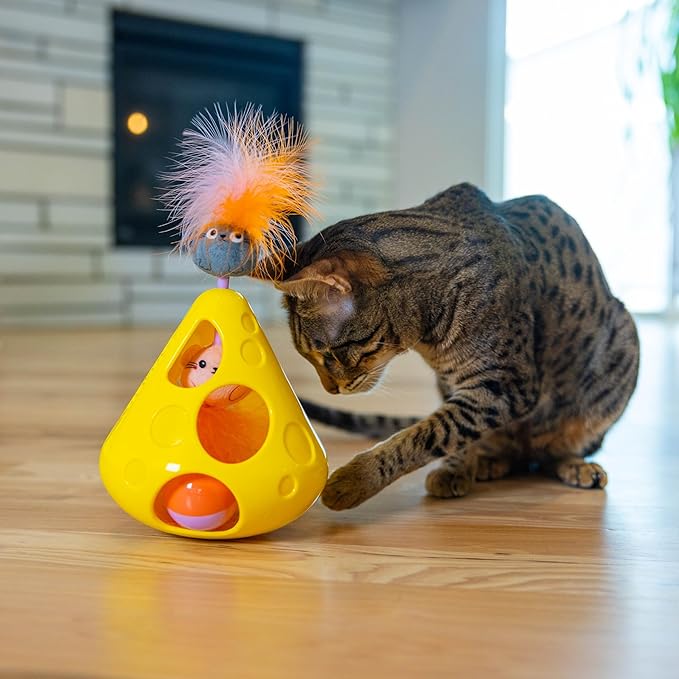 Catstages Mousin' Around Wobble Wedge, Plush Catnip Blend Cat Toy and Rolling Ball Inside, Yellow