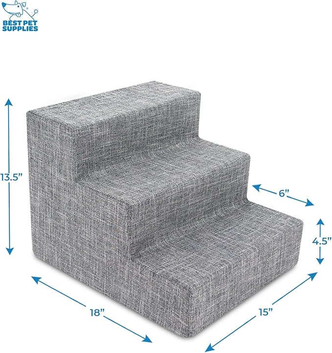 Best Pet Supplies Dog Stairs & Steps - Foam Steps for Small Dogs & Cats, Non-Slip Indoor Balanced Pet Step Support, Dog Ramp, No Assembly, Ash Gray Linen, 3-Step (13.5-inch Height)