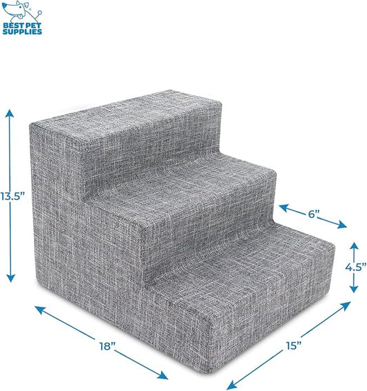 Best Pet Supplies Dog Stairs & Steps - Foam Steps for Small Dogs & Cats, Non-Slip Indoor Balanced Pet Step Support, Dog Ramp, No Assembly, Ash Gray Linen, 3-Step (13.5-inch Height)