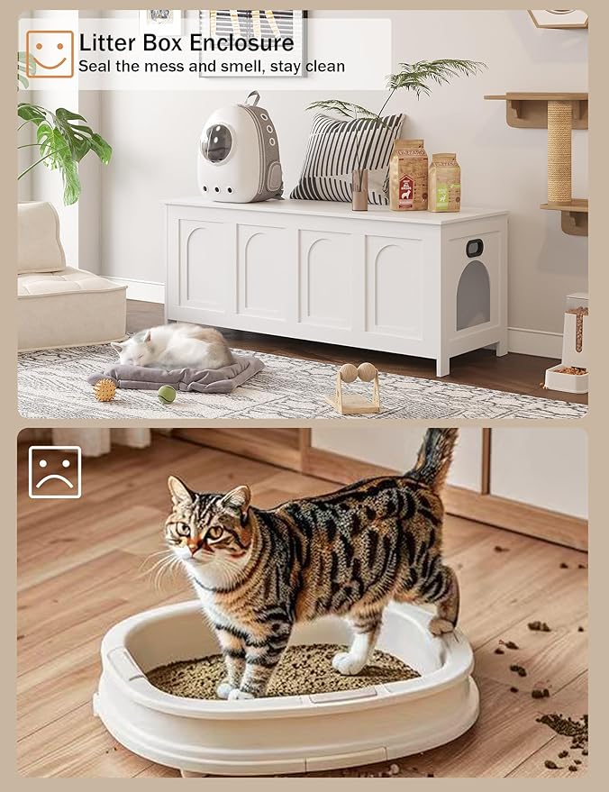 DINZI LVJ Cat Litter Box Enclosure, Flip Top Litter Box Furniture, Hidden Cat Washroom, 2-Entrances Wooden Pet House, 47.2" L x 18.7" W x 19.7" H, End Side Table, TV Stand, Easy to Assemble, White