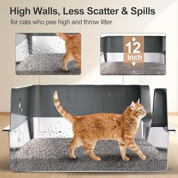 Sousia Enclosed Stainless Steel Cat Litter Box with Lid Extra Large Litter Tray for Big Cats XL Metal Litter Pan with High Wall Sides Enclosure, Non-Sticky Anti-Leakage Easy Cleaning Include Scoop