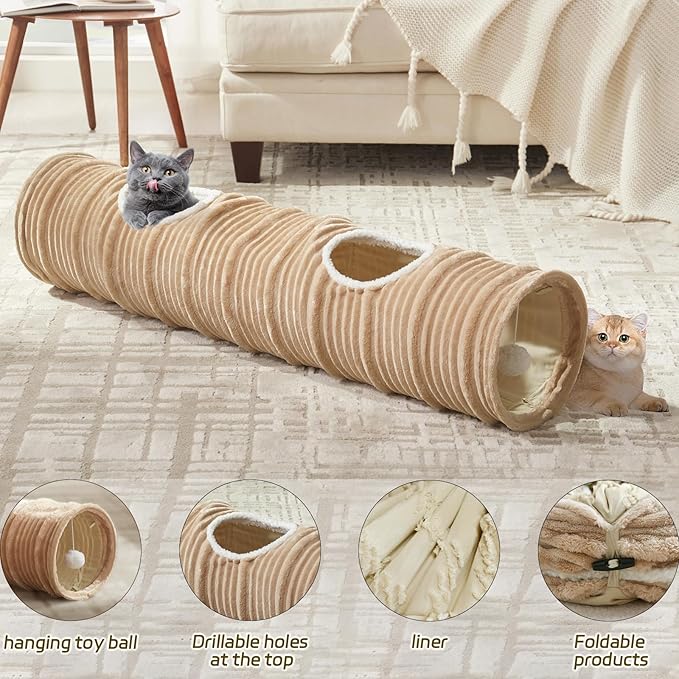 Cat Tunnel for Indoor Cats,Cats Toys Collapsible Tunnel Straight Tube with a Fun Ball and 2 Holes,Cat Play Tunnels,for Rabbits, Ferrets, Puppies & Small Pets,Diameter 9.8 Inch