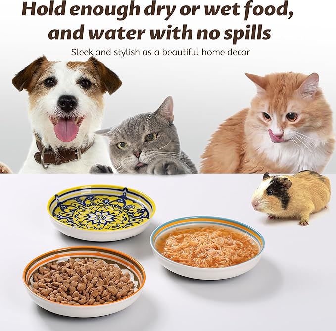 Non-Slip Cat Bowls, Ceramic Cat Food Bowl Set with Silicone Base, Cats Dishes, Cute Plates for Feeding Indoor Cats, Kitten, Small Dogs (Multi, Deeper)