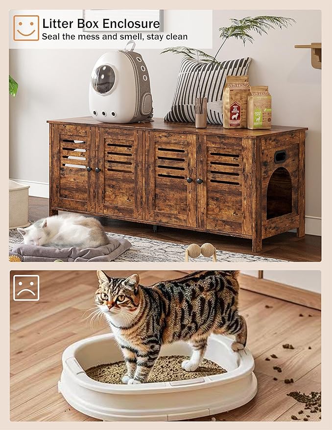 DINZI LVJ Litter Box Enclosure for 2 Cats, Hidden Litter Box Furniture with Double Rooms, Dual Cat Litter House, Front Doors, 47.2" Wooden Hidden Cat Washroom, Side End Table, TV Stand, Rustic Brown
