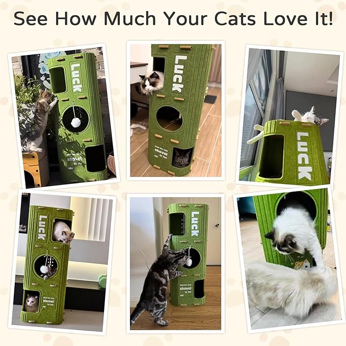 3 Stories Cat Bed for Indoor Cats, Cute and Fashionable Cat House Cave for Multiple Cats, Cozy Felt and Scratch Resistant Cat Condo with Dangling Balls.