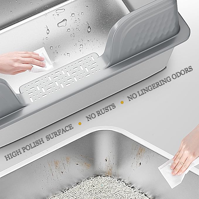 Vealind XXL Stainless Steel Cat Litter Box High Sided with Lid 23.7" L x 16" W x 14" H Anti Leakage Extra Large Metal Cat Litter Tray with Scoop and Mat for Big Cats (Grey)