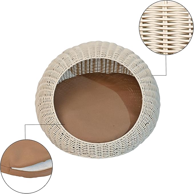 CBD3000C Fiora 19.5" x 18" Modern Circular Faux Wicker Pet Bed with Machine-Washable Cushion, Cat Beds for Indoor Cats, White