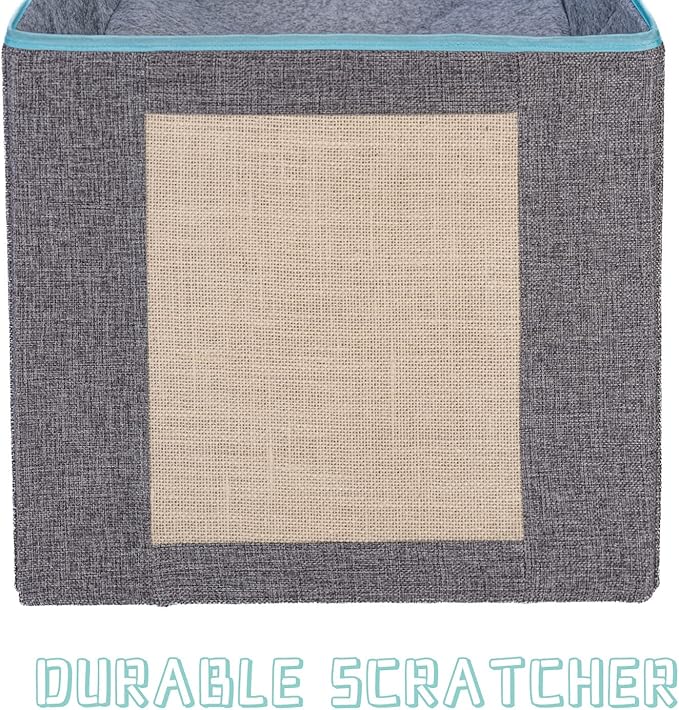 Jongee Cat Cube House Foldable Cat Condo with Reversible Cushion ＆ Scratch Pad for Small Cats, Gray, 13”×13”×15”