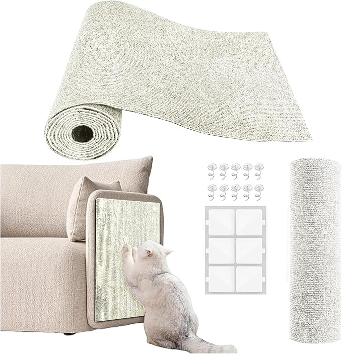 Cat Scratch Couch Furniture Protector, Adhesive Cat Scratch Pad Deterrent for Furniture, DIY Climbing Scratcher for Indoor Cats (Off-White, 39.3x15.8 in)