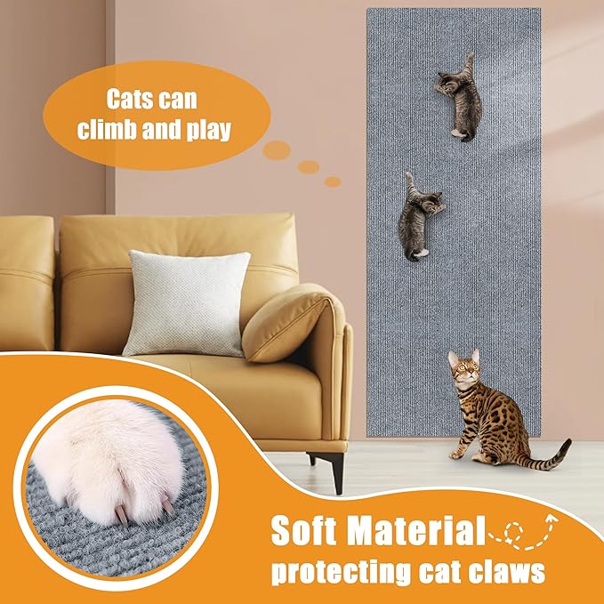 Cat Scratching mat Self-Adhesive, Trimmable Furniture Protector for Couch, Sofa, Wall & Cat Trees - Durable Scratch Pad with Nano Tape, DIY Climbing Carpet for Indoor Cats (Light Grey, 23.6"x15.8")