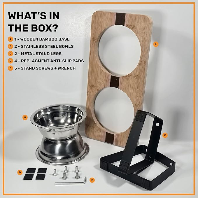Elevated Cat Bowl Stand for Food and Water – Anti-Vomit Raised Feeding Station with Tilted Stand – Removable Stainless Steel Bowls, Anti Slip Bamboo Base, Dishes for Cats, Kitten, Small Dogs & Puppies